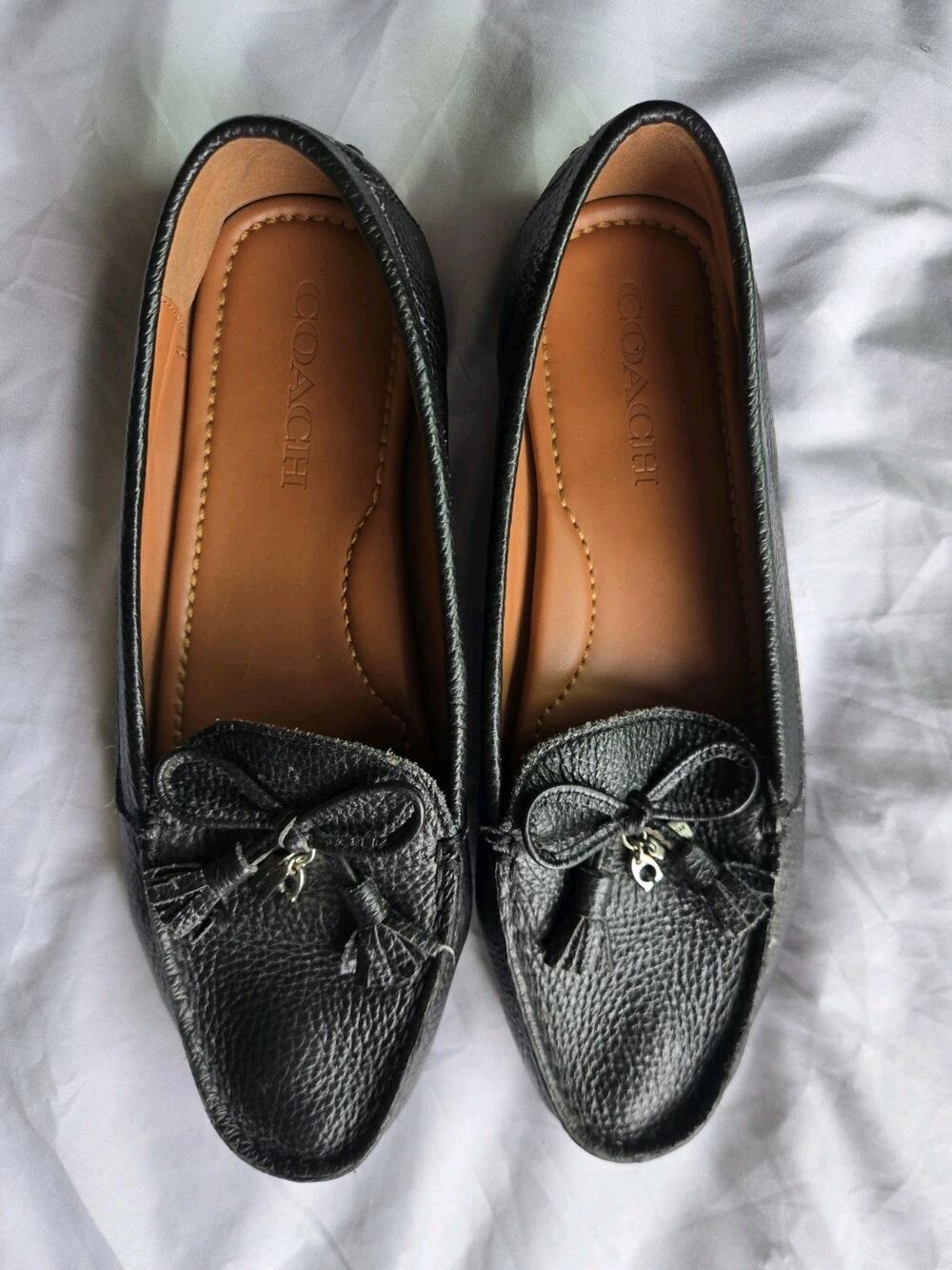 Coach Black Pebble Greenwich Leather Loafer Shoes Bow Size 8 Preppy Old Money